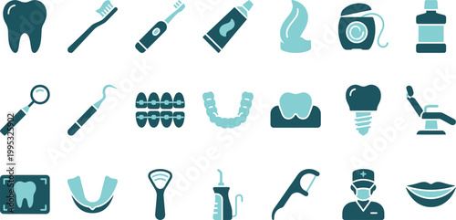 Collection of dental care icons representing oral hygiene, tools, and professional treatments