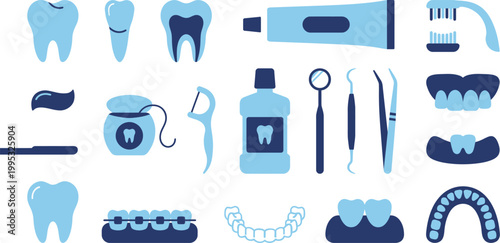 A comprehensive collection of dental hygiene tools, orthodontic devices, and healthy teeth illustrations for oral health.