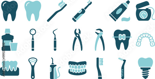 Dental care icons illustrate teeth cleaning, tools, and treatments for healthy smiles.