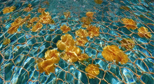 Golden flowers float in turquoise netted water