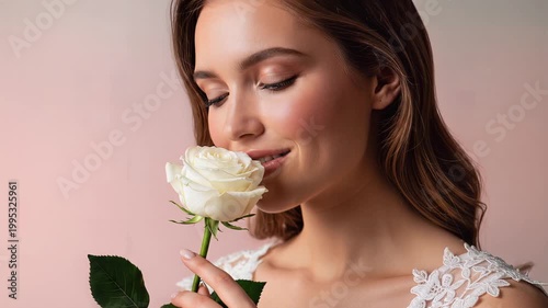 Elegant Woman Smelling White Rose in Studio Setting with Soft Lighting.