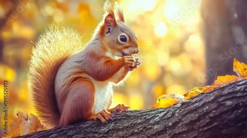 Cute squirrel sitting on tree branch in golden autumn forest light
