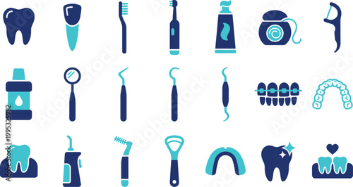 A collection of blue and cyan dental icons representing oral hygiene tools for professional clinic healthcare services