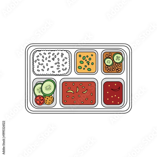 Tasty Indian thali meal with rice, curry, and vegetables on tray