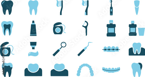 Set of blue dental icons illustrating professional oral healthcare tools including toothbrushes, floss, and various clinical instruments