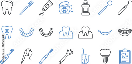 Set of clean blue and black dental icons featuring various professional oral hygiene and orthodontic care tools