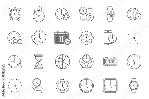 Time and clock vector icon set. Time related icons set. Clocks, Watches, Timers, Calendars, Alarm Clock, Stopwatch, and More. Collection of various watches made with thin lines. Vector illustration.