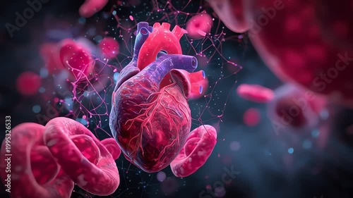 3D medical animation of human heart beating with red blood cells.