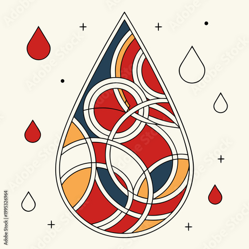 Colorful abstract teardrop with circles and surrounding drops.