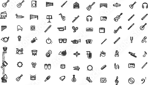 Clean and modern music instrument line icon set. Perfect for audio apps, music studios, UI/UX design, web, and mobile projects.Fully editable vector icons with consistent stroke and minimal style,