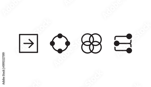 Set of simple icons exit share group overlapping circles and list menu for design elements.