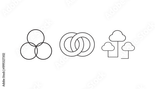 Minimal line vector icons set featuring venn diagram intersecting circles and abstract cloud trees.