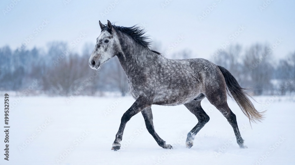 Fototapeta premium Majestic Dapple Grey Horse Trotting Gracefully Through a Serene Winter Wonderland Landscape.