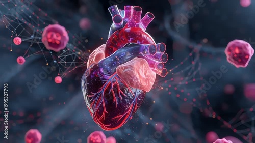 3D medical animation of human heart anatomy with floating blood cells.