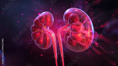 Abstract 3D Rendering of Human Kidneys with Glowing Red Tones.