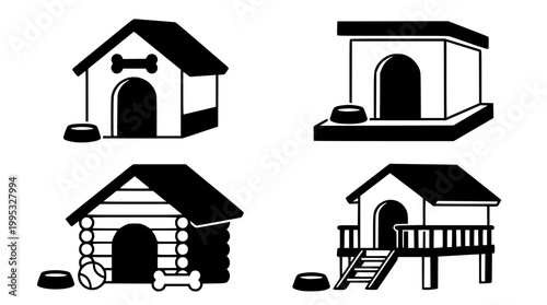 Collection of simple black and white dog house vector icons