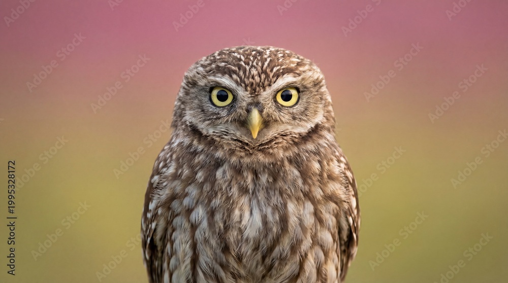 Obraz premium Close-up Portrait of a Little Owl with Bright Yellow Eyes and Soft Background.