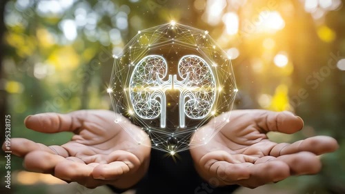 Hands holding a glowing digital kidney icon with a network overlay.