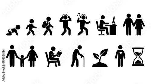 Vector icons representing the human life cycle and growth stages