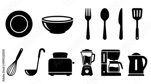 Collection of black kitchen utensil icons for culinary graphic design