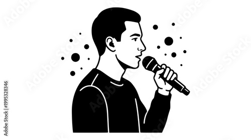 Young man holding a microphone in this vector graphic illustration