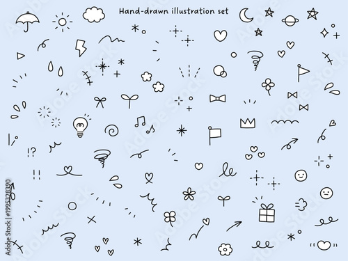 手書きの飾りイラストのベクターイラストセット。手描き、集中線、花、落書き、ハート、星