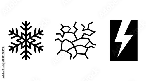 Black vector icons showing snowflake and crack and lightning bolt