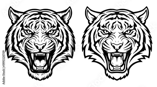 Two fierce tiger head illustrations in black and white design
