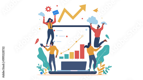 Professionals celebrate successful growth and rising financial statistics on a large laptop screen.