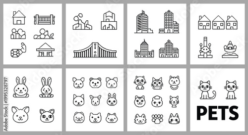 Pets animals houses city icons set with cute characters buildings minimal outline vector collection design pack