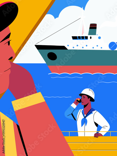 Safety inspection at sea with a sailor in white uniform using a phone while a large ship is visible in the background against a bright blue sky during the sanctions imposed on oil tankers