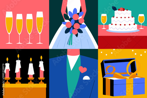 Set of wedding reception vector icons featuring champagne glasses, wedding cake, bouquet, groom's suit, candles, and gift box with rings for celebration design