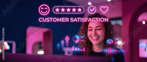 Young woman smiling with glowing customer satisfaction icons and data charts in neon lighting