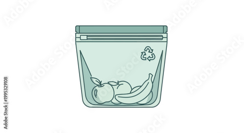 Reusable ziplock bag with fresh fruit inside, healthy snack, white background