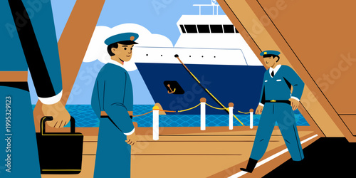 Two maritime workers in blue uniforms engage in a boarding operation at a dock during the sanctions imposed on oil tankers, with a large ship and ocean visible in the background