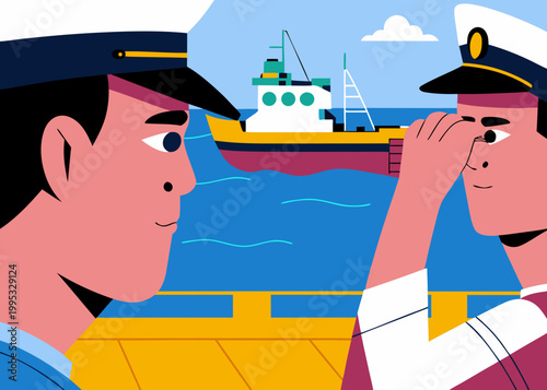 Coast guard officers in uniform communicate at a harbor with a boat in the background, showcasing maritime safety and teamwork in a colorful illustration during the sanctions imposed on oil tankers