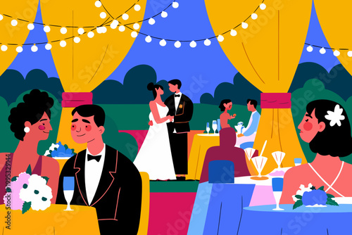 Outdoor wedding reception scene featuring couples dining at tables with floral arrangements, string lights, and a bride and groom dancing in a garden setting at reception wedding