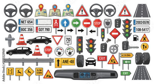 Driving equipment and traffic signals are displayed as a collection of road navigation icons.
