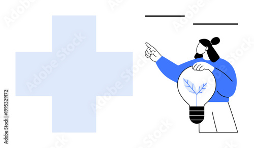 Healthcare, innovation, ideas, sustainability, medical services, solutions. Person holding light bulb with tree inside beside plus symbol. Healthcare and innovation concept