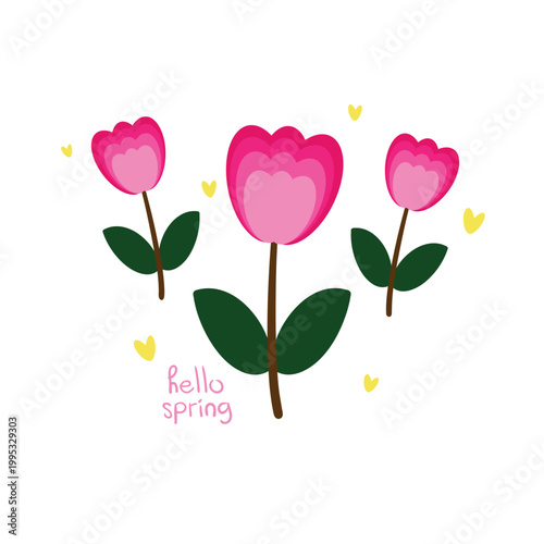 Hand drawn cartoon tulips  flower pot. cute pink flower drawing for plant sticker