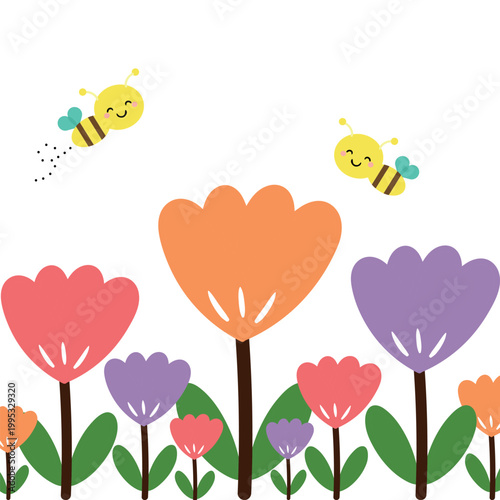 Hand drawing cartoon tulip flower and leaves sticker. cute plant, bee, doodle