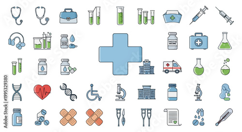 Laboratory supplies and medical symbols are presented in this comprehensive clinical set.