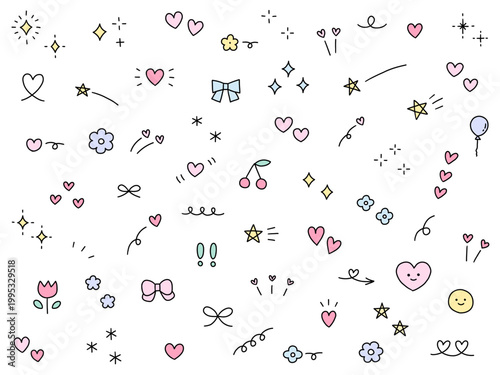 手書きの飾りイラストのベクターイラストセット。手描き、集中線、リボン、落書き、ハート、星