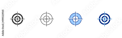Target icon set containing glyph, line, and blue style vector icon