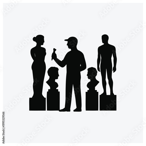 Man viewing sculptures in art gallery silhouette