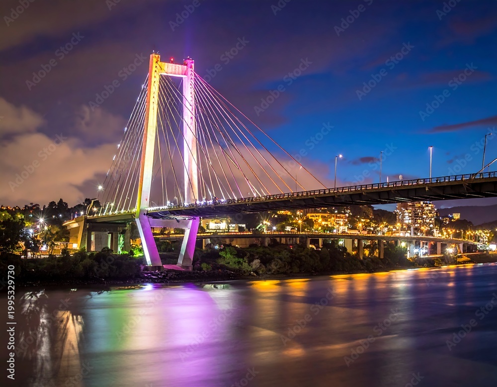 Fototapeta premium Modern cable-stayed bridge lit with colorful lights at dusk