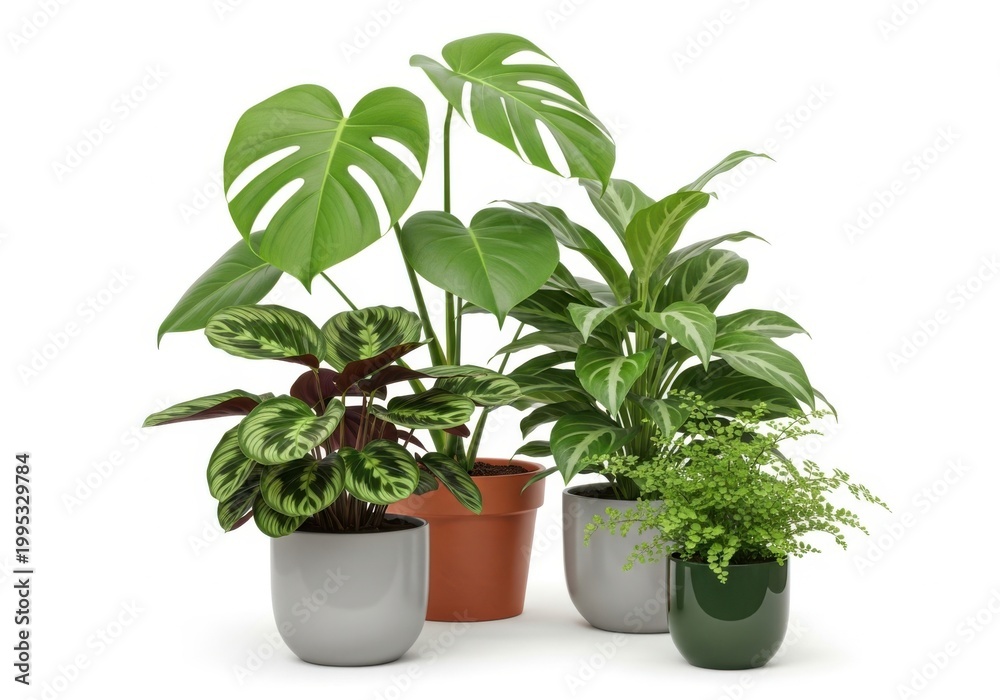 Fototapeta premium Three potted variegated houseplants in modern white and terracotta pots on white background