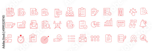 Survey icon. Including data collection, product, customers, satisfaction, reporting, social media. Solid vector icons collection