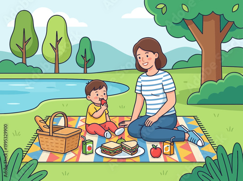 Woman and child having picnic on blanket in green park by lake