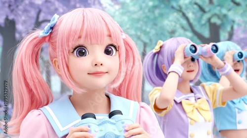 Anime girls with colorful hair using binoculars outdoors